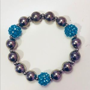 Silver Large Bead Bracelet w/ Blue Jewel Beads